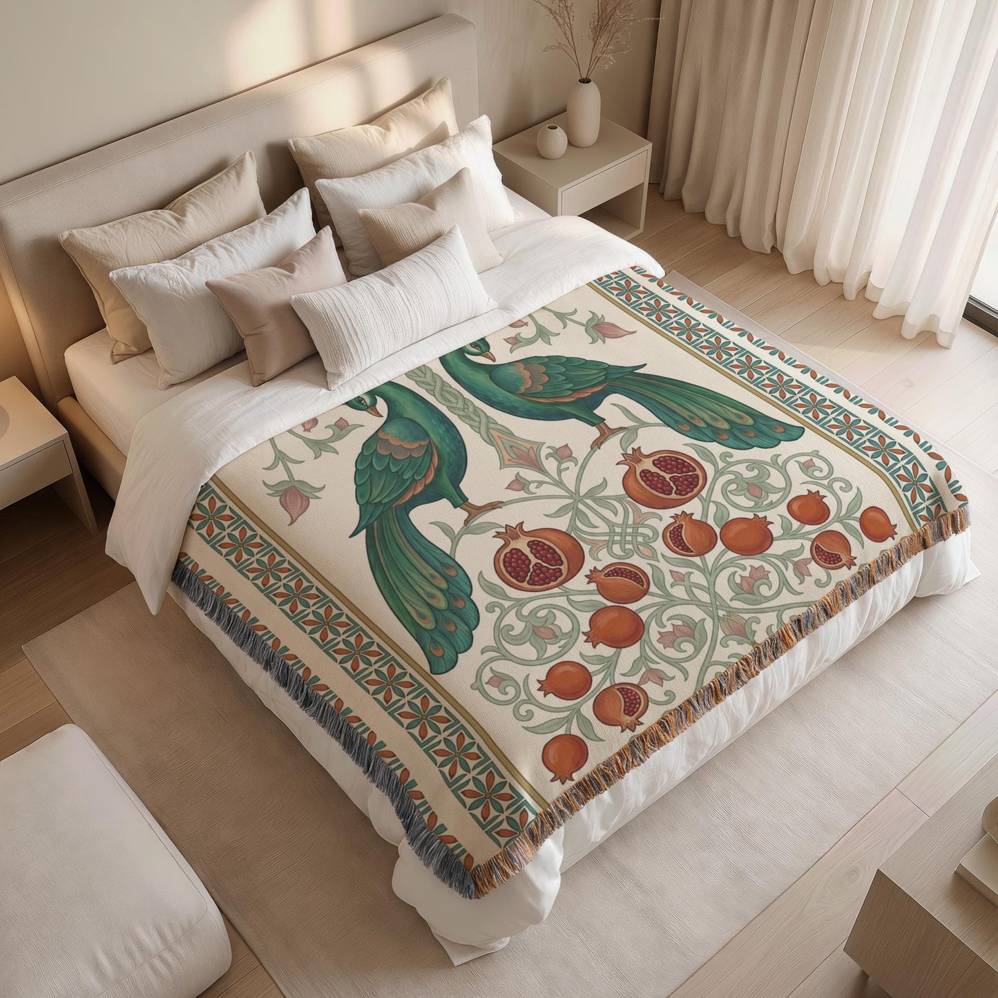 Armenian Peacock & Pomegranate Woven Blanket – Green & Red - timelessbohochic.com