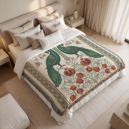 Armenian Peacock & Pomegranate Woven Blanket – Green & Red - timelessbohochic.com