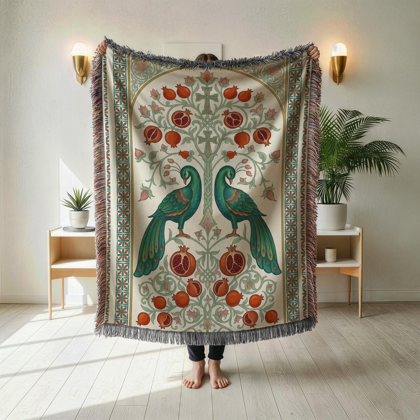 Armenian Peacock & Pomegranate Woven Blanket – Green & Red - timelessbohochic.com