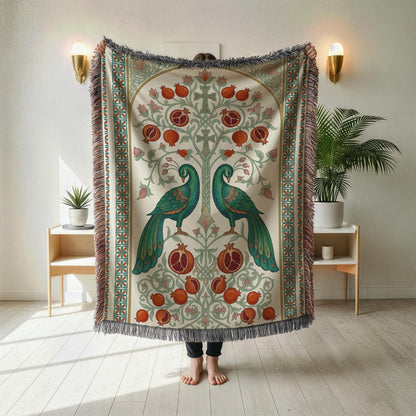 Armenian Peacock & Pomegranate Woven Blanket – Green & Red - timelessbohochic.com