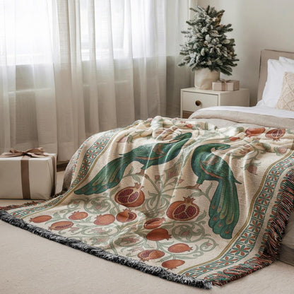 Armenian Peacock & Pomegranate Woven Blanket – Green & Red - timelessbohochic.com