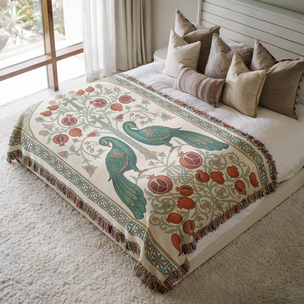 Armenian Peacock & Pomegranate Woven Blanket – Green & Red - timelessbohochic.com