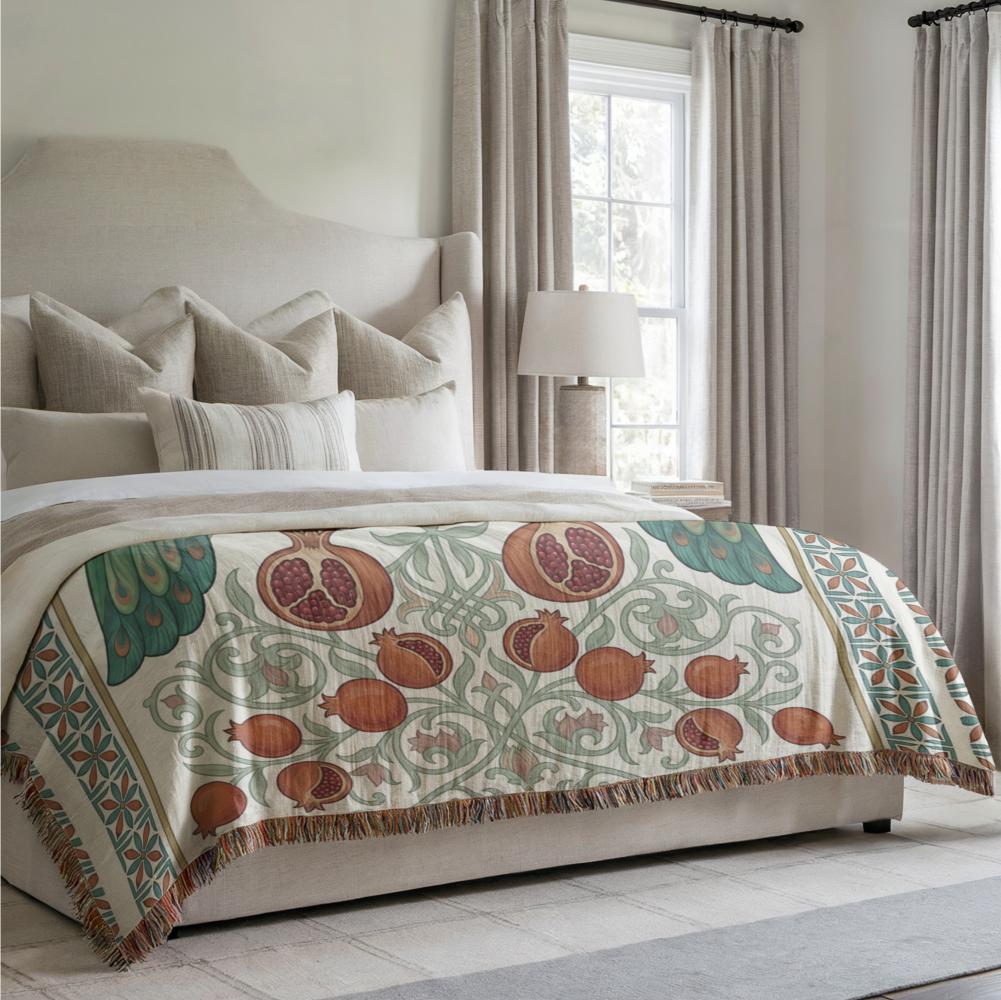 Armenian Peacock & Pomegranate Woven Blanket – Green & Red - timelessbohochic.com