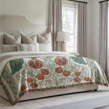 Armenian Peacock & Pomegranate Woven Blanket – Green & Red - timelessbohochic.com