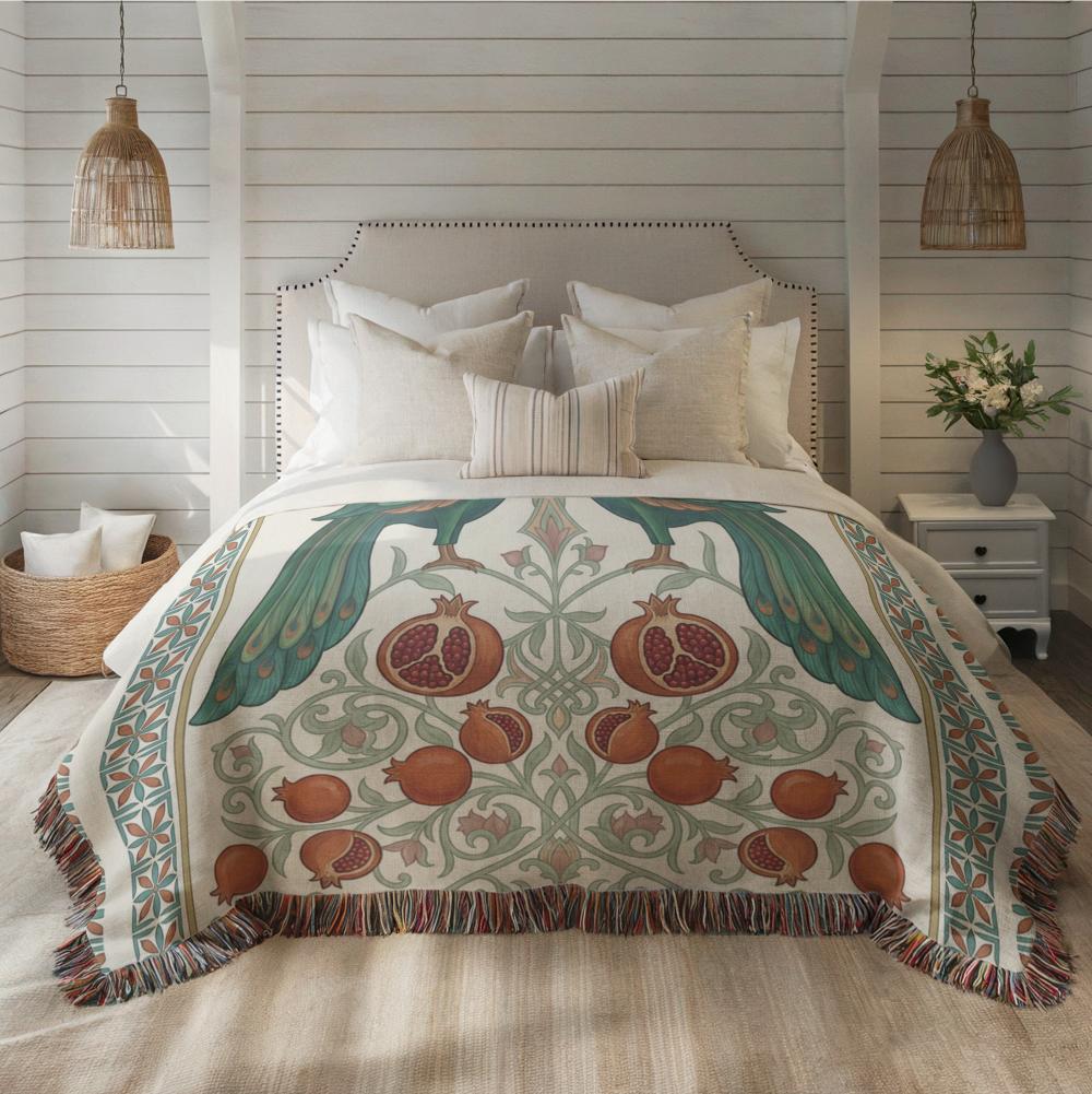 Armenian Peacock & Pomegranate Woven Blanket – Green & Red - timelessbohochic.com