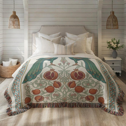 Armenian Peacock & Pomegranate Woven Blanket – Green & Red - timelessbohochic.com