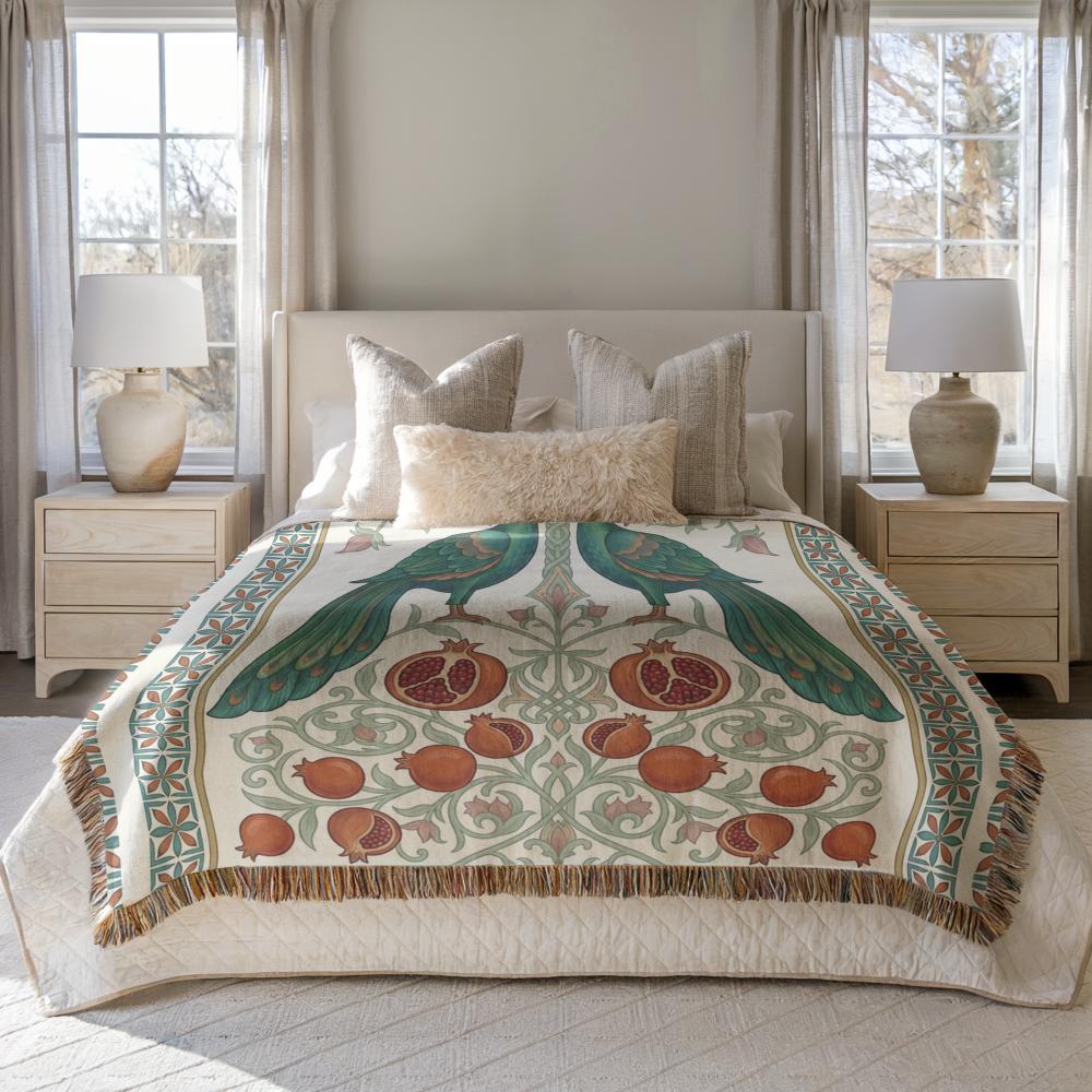 Armenian Peacock & Pomegranate Woven Blanket – Green & Red - timelessbohochic.com