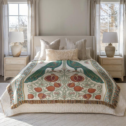 Armenian Peacock & Pomegranate Woven Blanket – Green & Red - timelessbohochic.com
