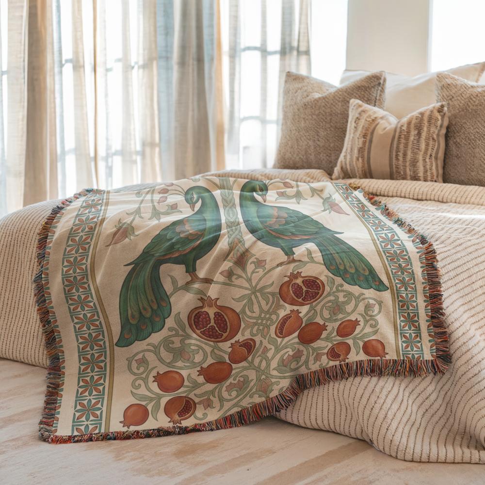 Armenian Peacock & Pomegranate Woven Blanket – Green & Red - timelessbohochic.com