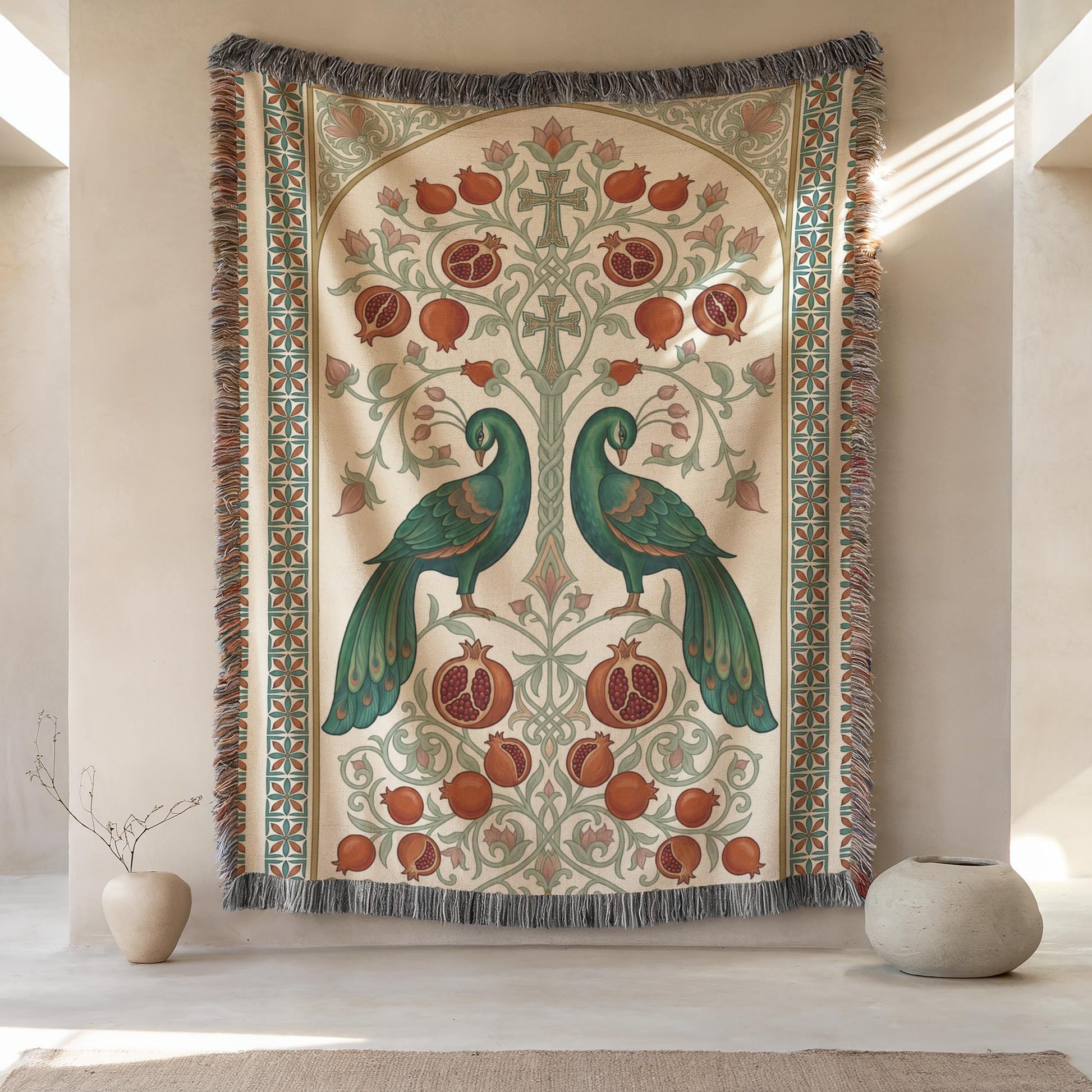 Armenian Peacock & Pomegranate Woven Wall Tapestry – Green - timelessbohochic.com