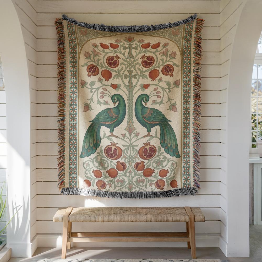 Armenian Peacock & Pomegranate Woven Wall Tapestry – Green - timelessbohochic.com