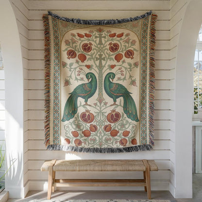 Armenian Peacock & Pomegranate Woven Wall Tapestry – Green - timelessbohochic.com