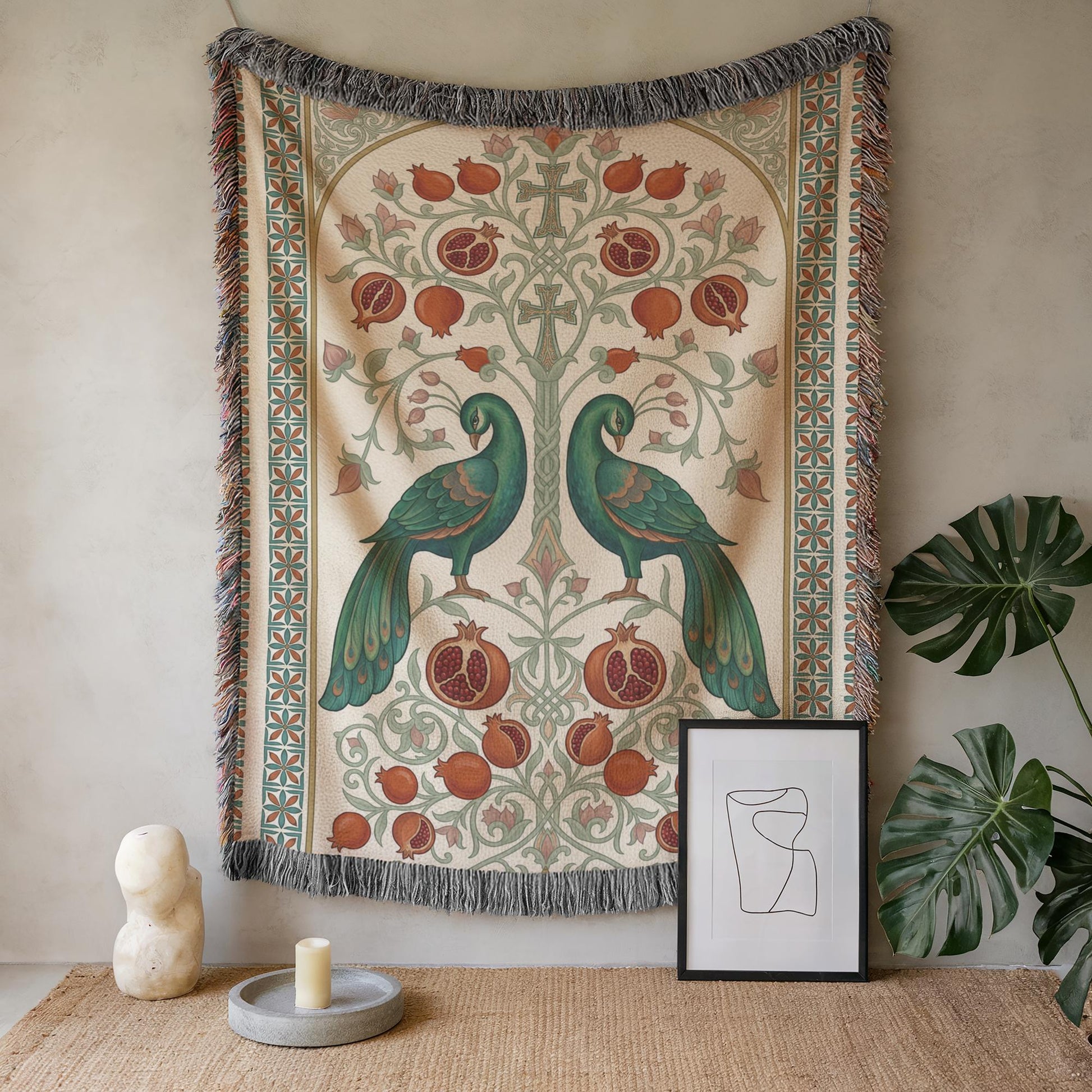 Armenian Peacock & Pomegranate Woven Wall Tapestry – Green - timelessbohochic.com