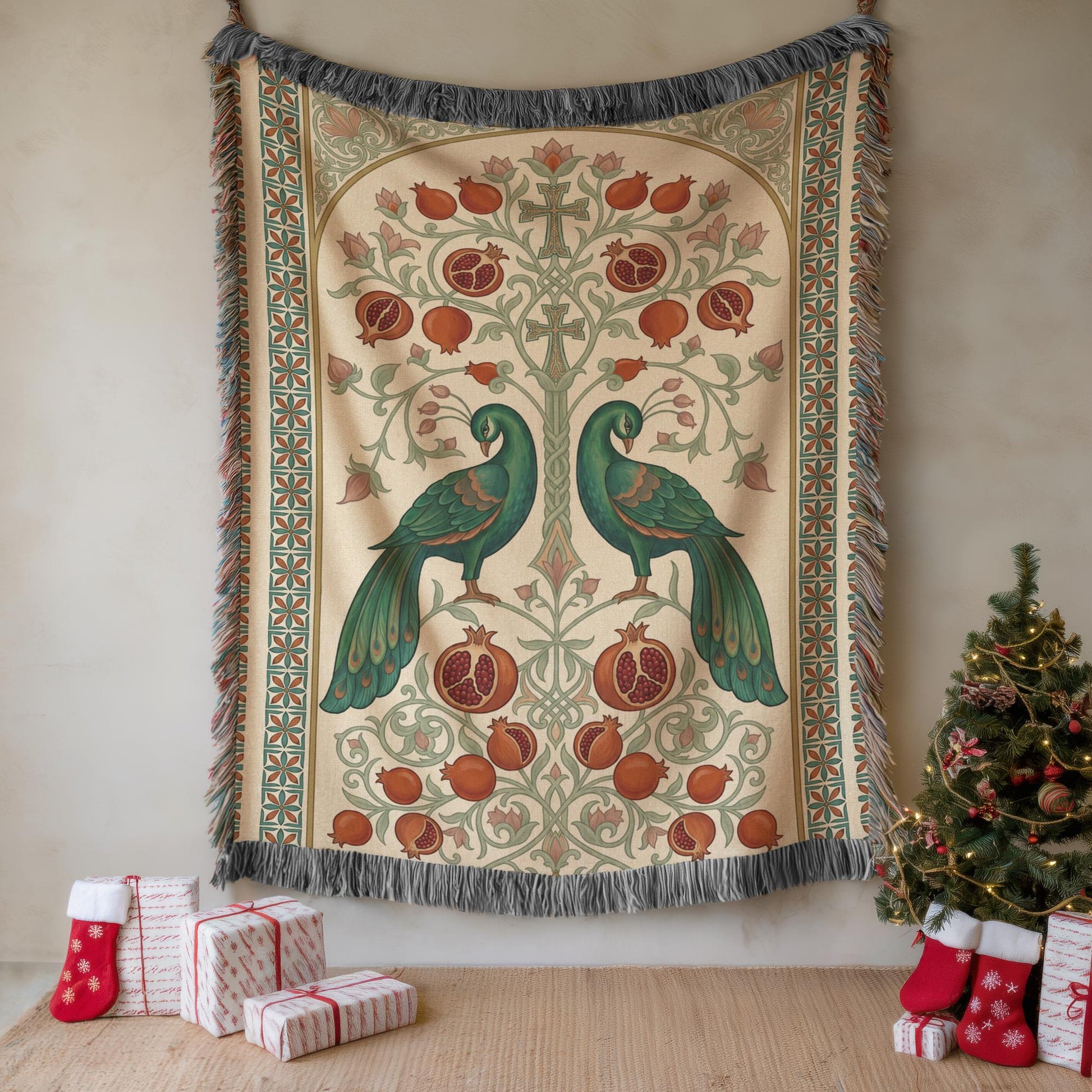 Armenian Peacock & Pomegranate Woven Wall Tapestry – Green - timelessbohochic.com