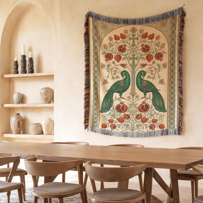 Armenian Peacock & Pomegranate Woven Wall Tapestry – Green - timelessbohochic.com