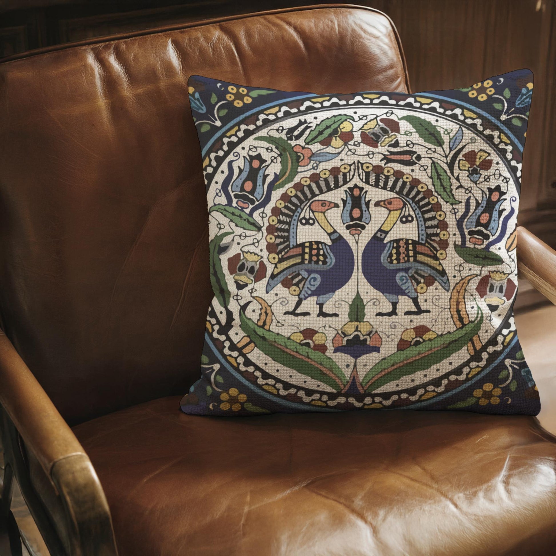 Armenian Peacock Throw Pillow – Blue & Green, with Insert - timelessbohochic.com