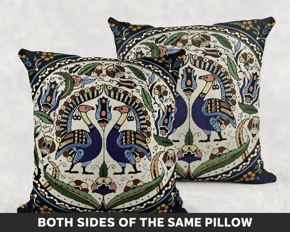 Armenian Peacock Throw Pillow – Blue & Green, with Insert - timelessbohochic.com