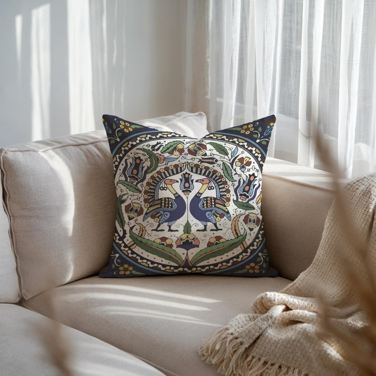 Armenian Peacock Throw Pillow – Blue & Green, with Insert - timelessbohochic.com