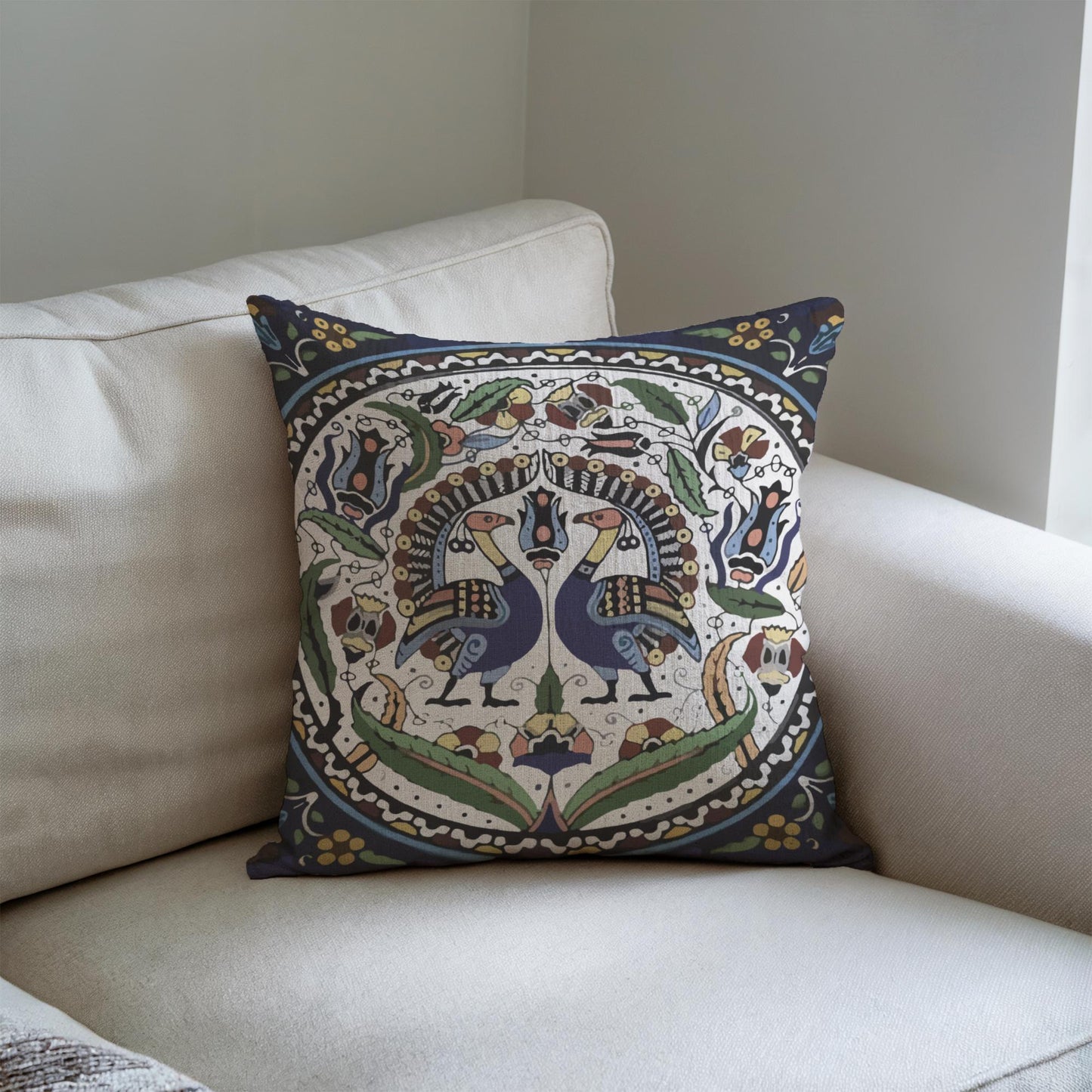 Armenian Peacock Throw Pillow – Blue & Green, with Insert - timelessbohochic.com