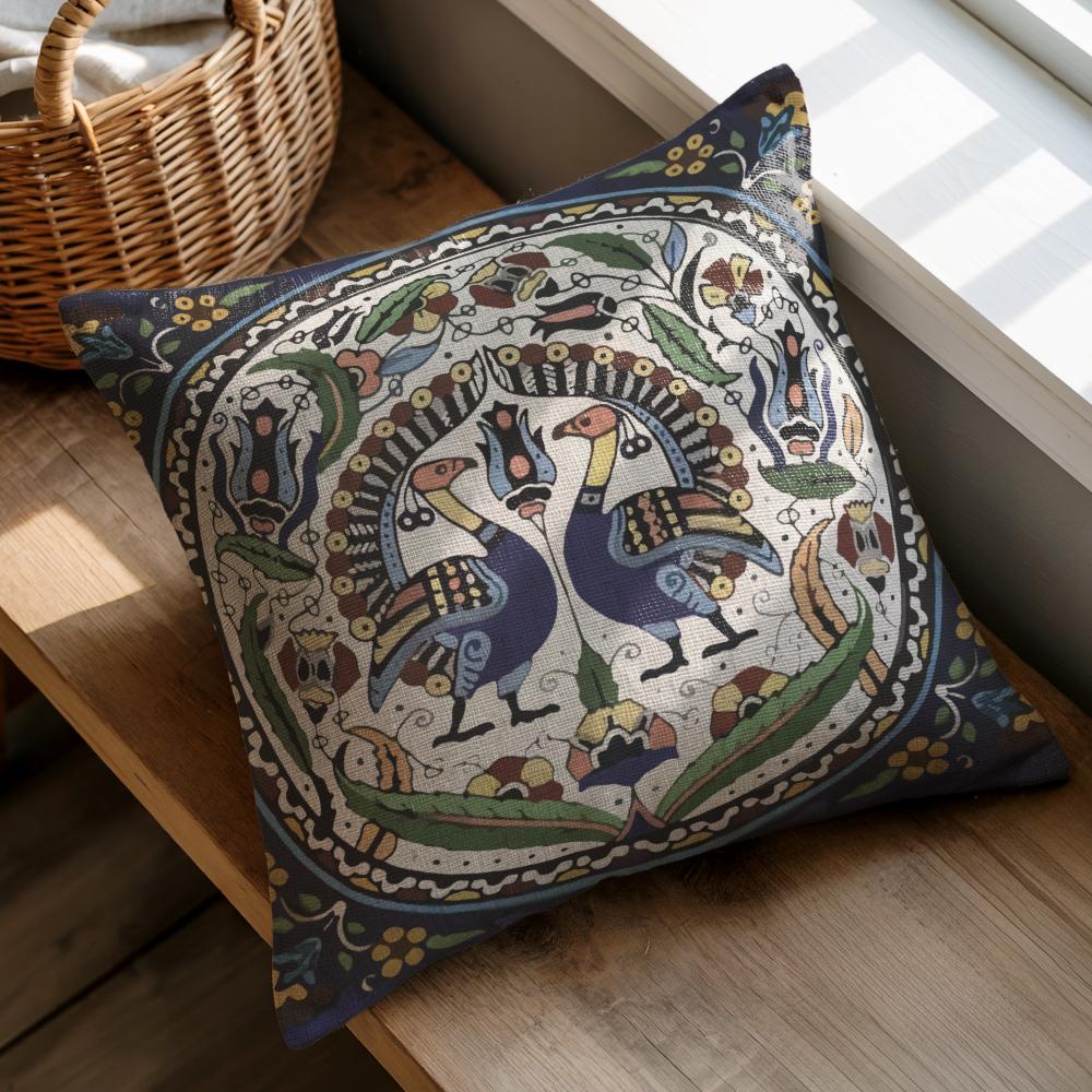 Armenian Peacock Throw Pillow – Blue & Green, with Insert - timelessbohochic.com