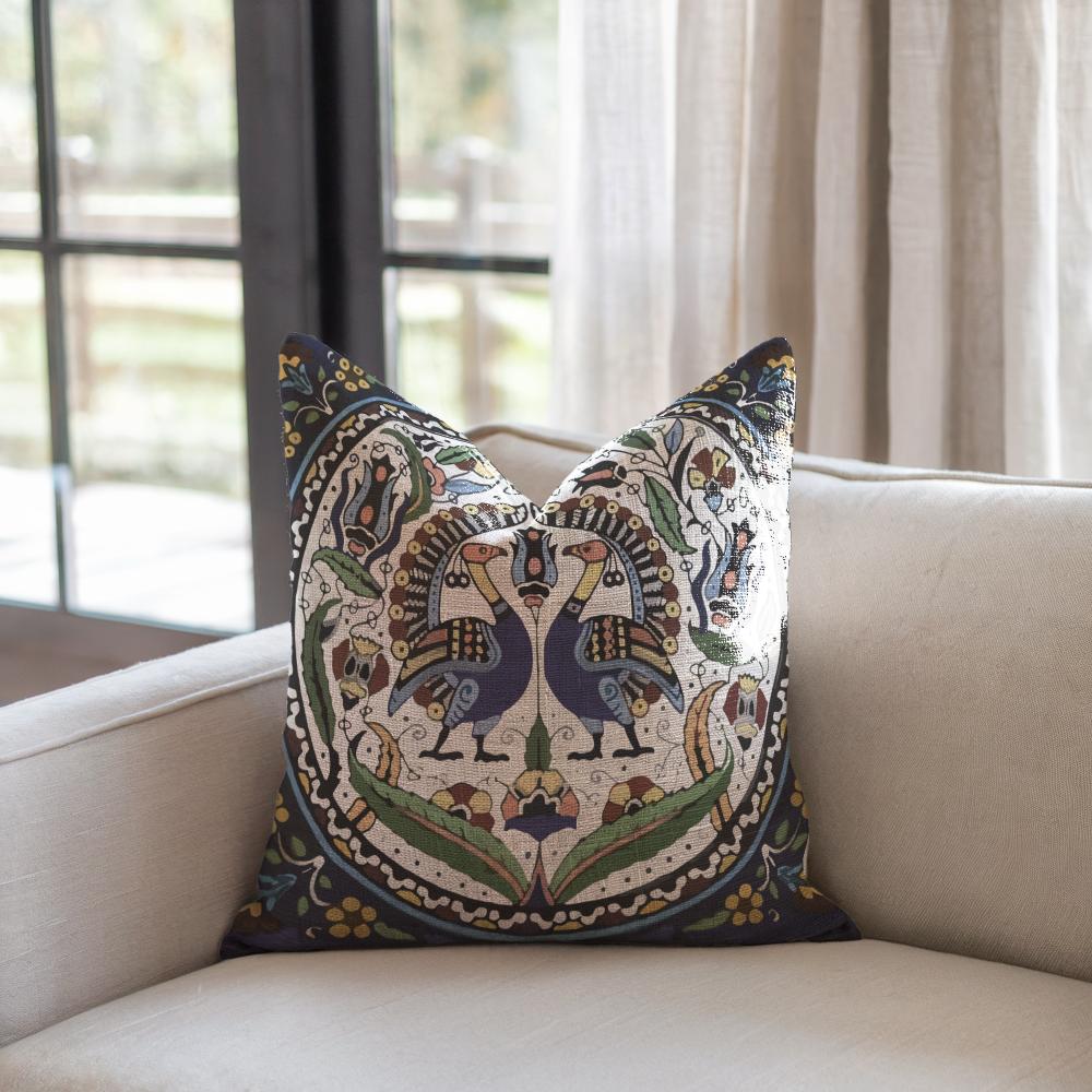 Armenian Peacock Throw Pillow – Blue & Green, with Insert - timelessbohochic.com