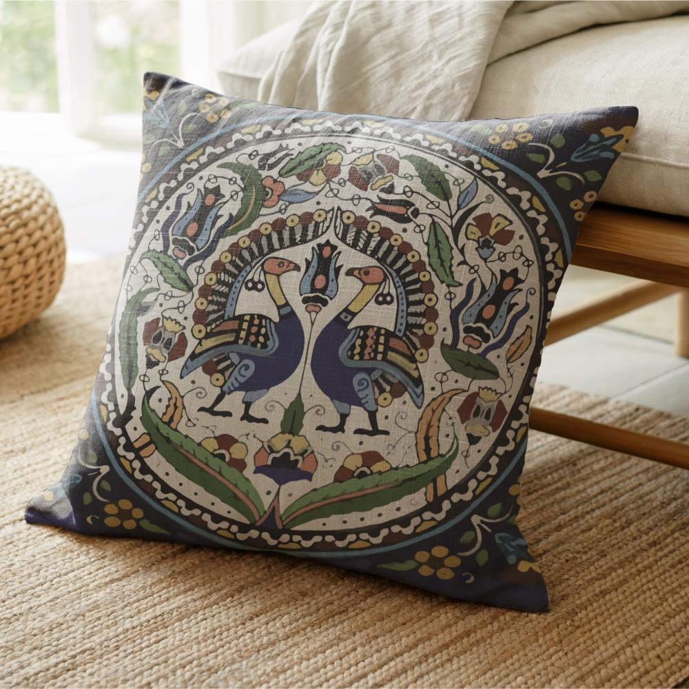 Armenian Peacock Throw Pillow – Blue & Green, with Insert - timelessbohochic.com