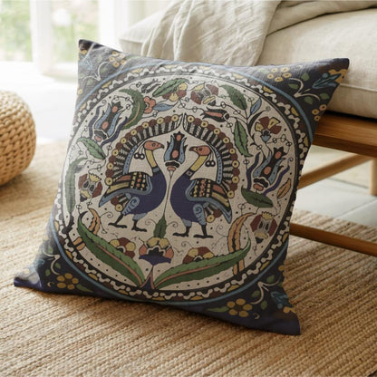 Armenian Peacock Throw Pillow – Blue & Green, with Insert - timelessbohochic.com