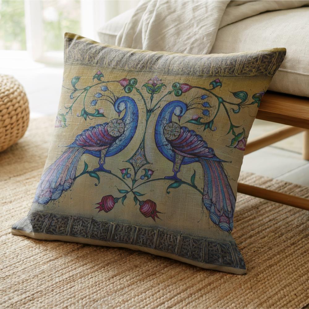 Armenian Peacock Throw Pillow Covers – Blue on Gold, Set of 2 - timelessbohochic.com