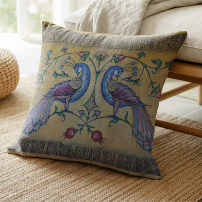 Armenian Peacock Throw Pillow Covers – Blue on Gold, Set of 2 - timelessbohochic.com