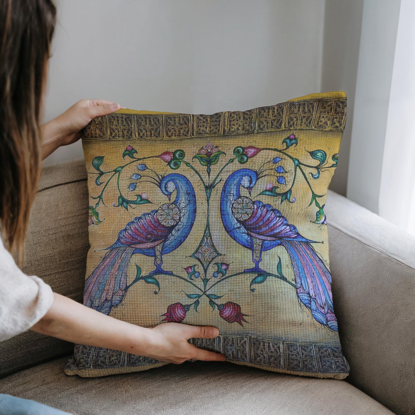 Armenian Peacock Throw Pillow Covers – Blue on Gold, Set of 2 - timelessbohochic.com
