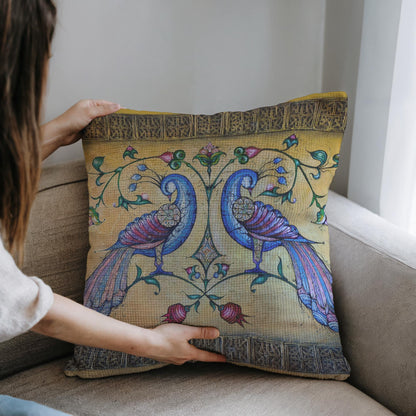 Armenian Peacock Throw Pillow Covers – Blue on Gold, Set of 2 - timelessbohochic.com
