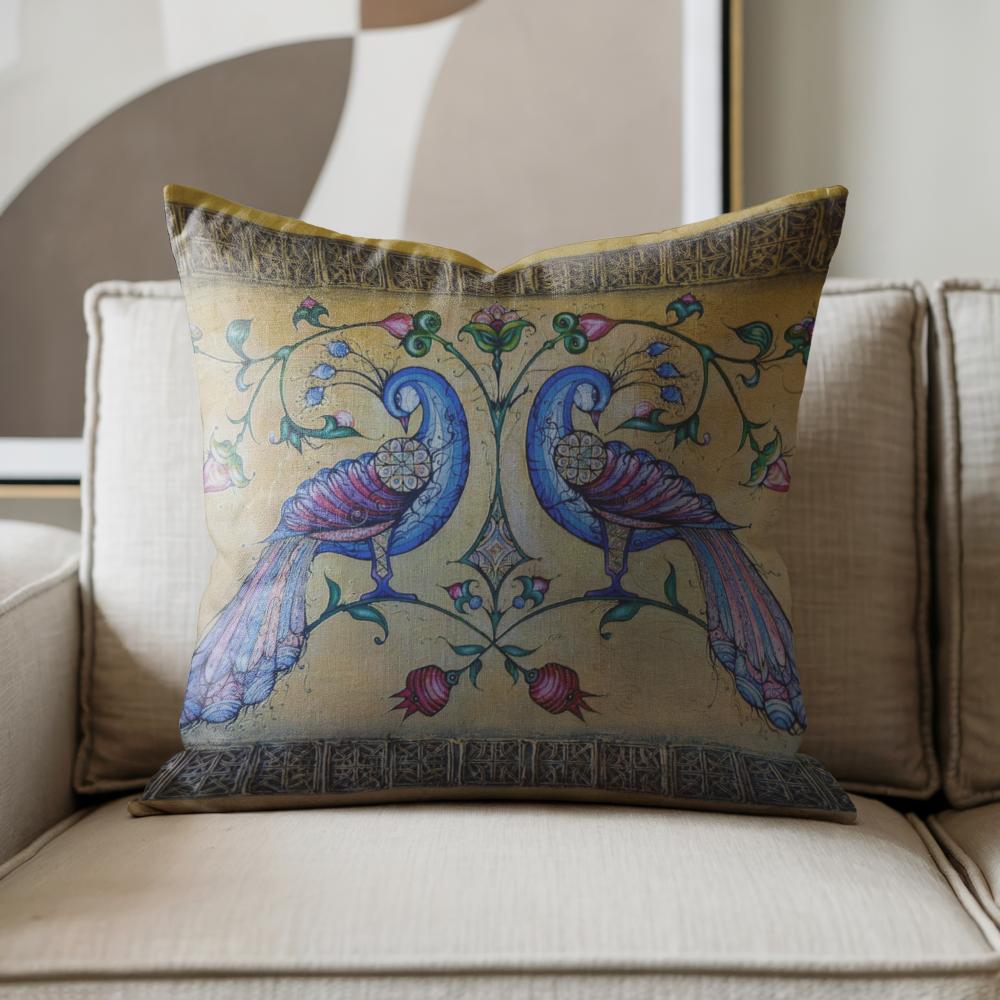 Armenian Peacock Throw Pillow Covers – Blue on Gold, Set of 2 - timelessbohochic.com