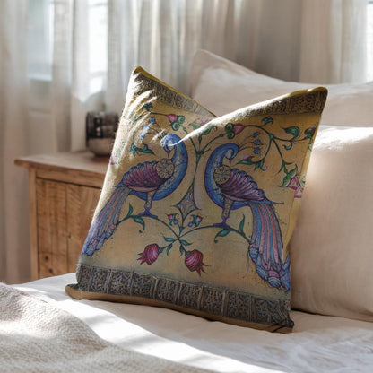 Armenian Peacock Throw Pillow Covers – Blue on Gold, Set of 2 - timelessbohochic.com