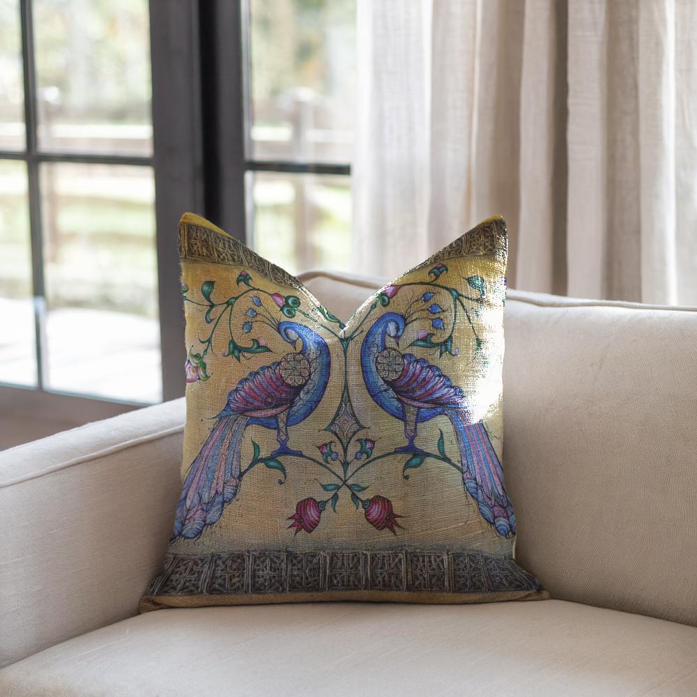 Armenian Peacock Throw Pillow Covers – Blue on Gold, Set of 2 - timelessbohochic.com