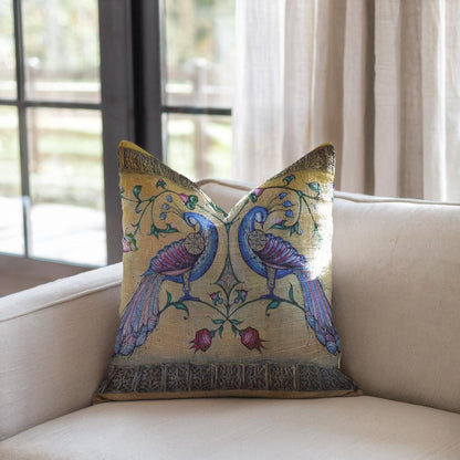 Armenian Peacock Throw Pillow Covers – Blue on Gold, Set of 2 - timelessbohochic.com