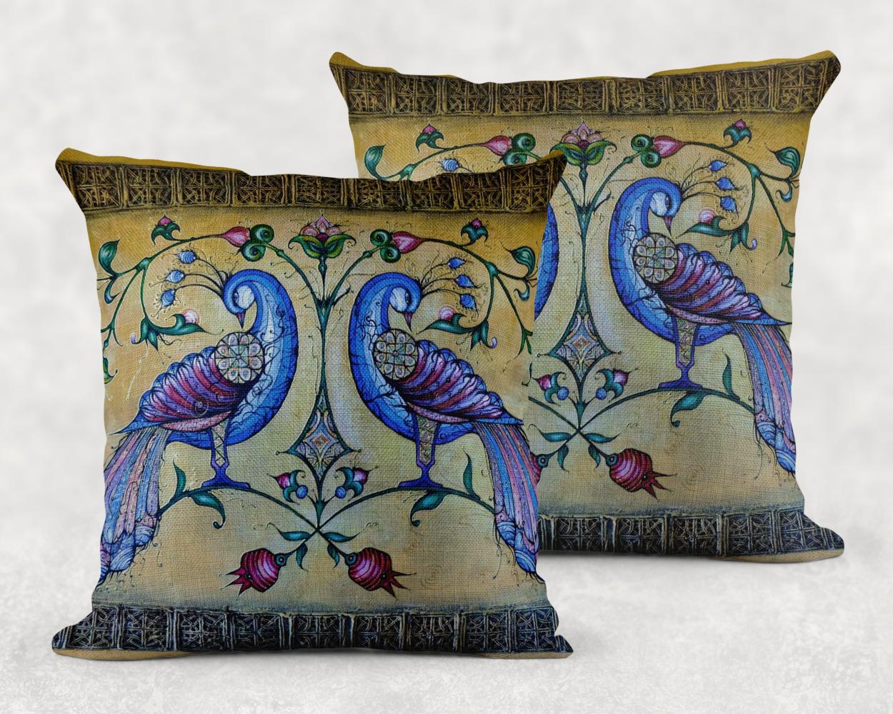 Armenian Peacock Throw Pillow Covers – Blue on Gold, Set of 2 - timelessbohochic.com