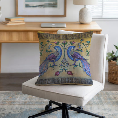 Armenian Peacock Throw Pillow Covers – Blue on Gold, Set of 2 - timelessbohochic.com