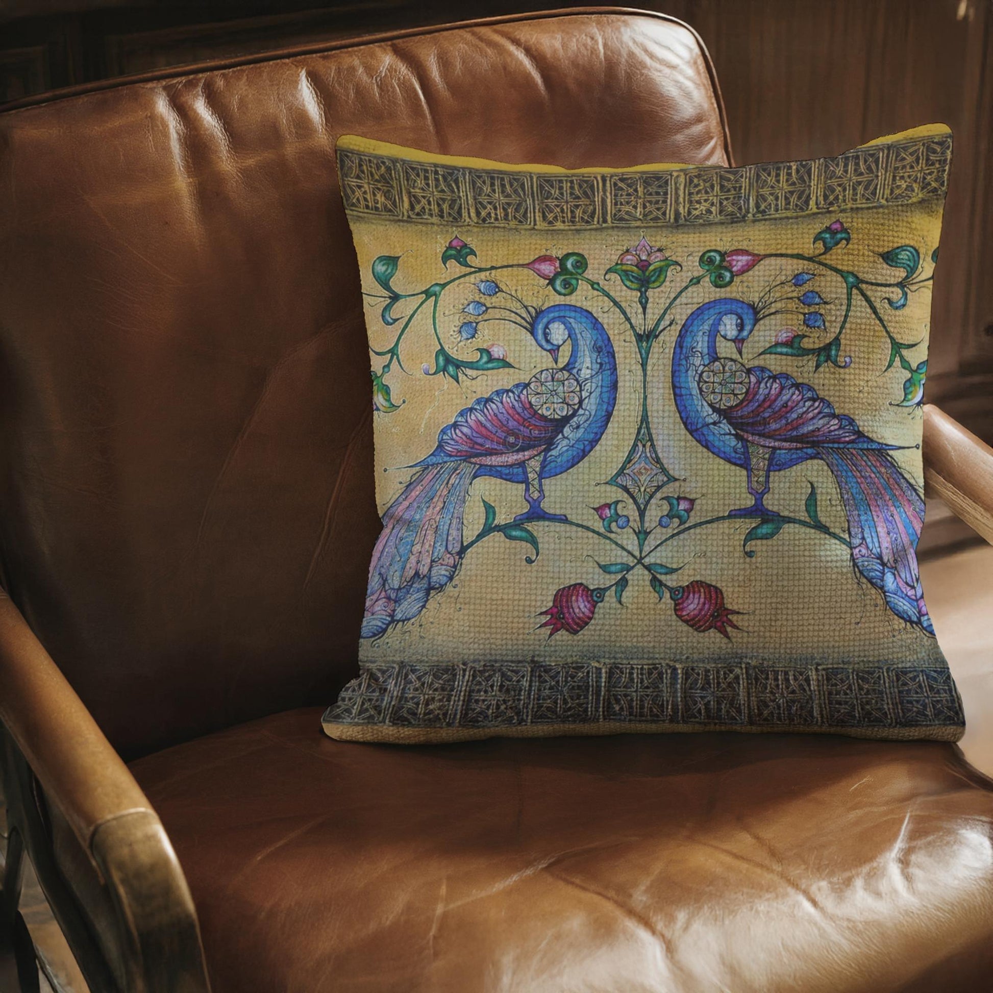 Armenian Peacock Throw Pillow Covers – Blue on Gold, Set of 2 - timelessbohochic.com