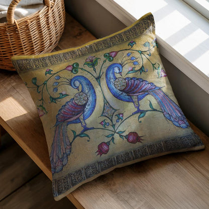 Armenian Peacock Throw Pillow Covers – Blue on Gold, Set of 2 - timelessbohochic.com