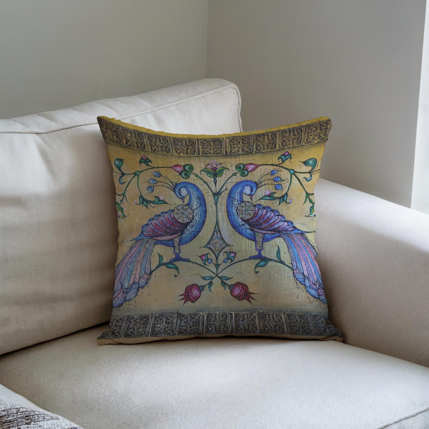 Armenian Peacock Throw Pillow Covers – Blue on Gold, Set of 2 - timelessbohochic.com