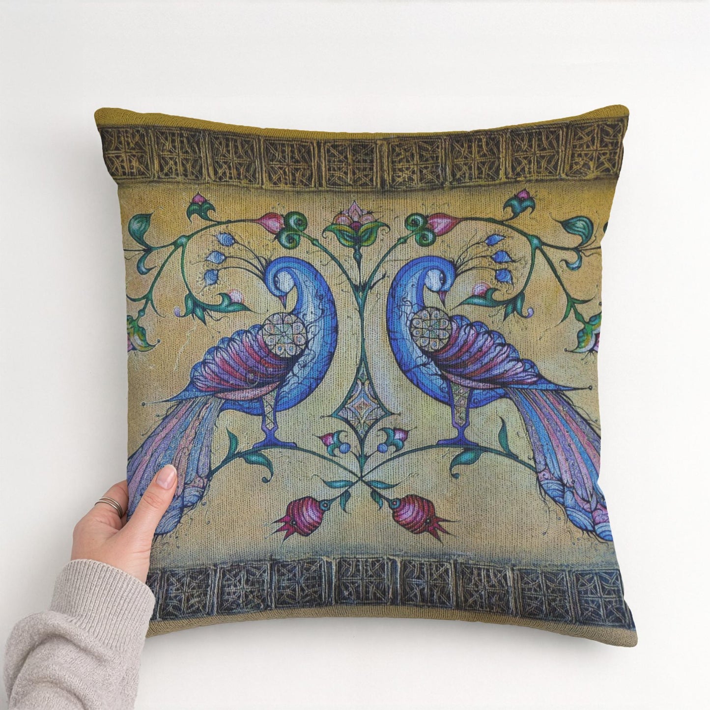 Armenian Peacock Throw Pillow Covers – Blue on Gold, Set of 2 - timelessbohochic.com