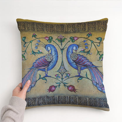 Armenian Peacock Throw Pillow Covers – Blue on Gold, Set of 2 - timelessbohochic.com