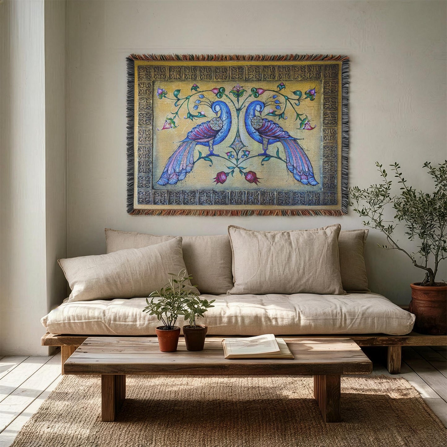 Armenian Peacock Woven Wall Tapestry – Blue & Gold - timelessbohochic.com