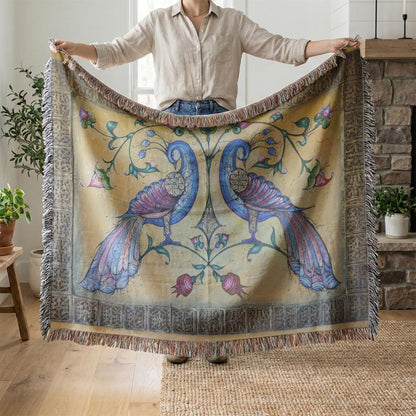 Armenian Peacock Woven Wall Tapestry – Blue & Gold - timelessbohochic.com