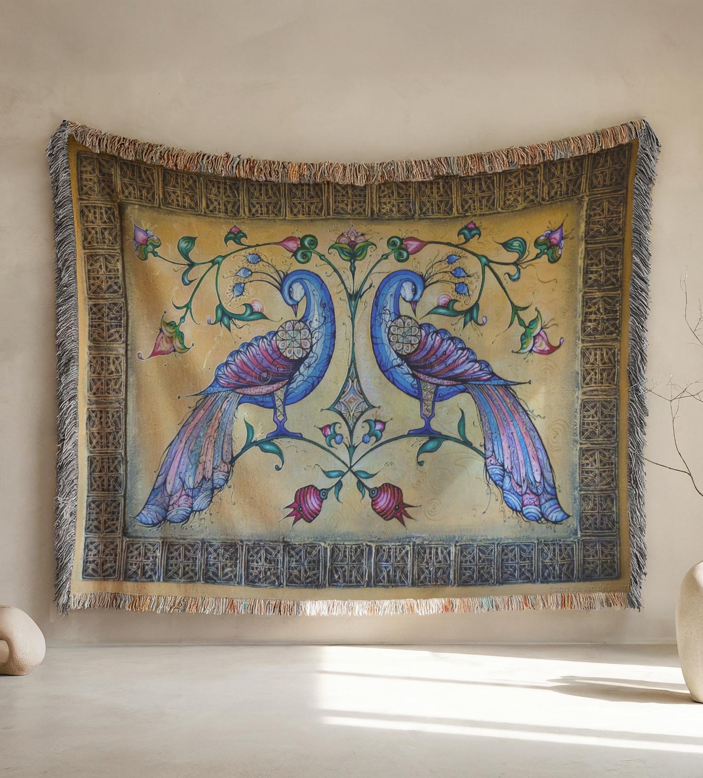 Armenian Peacock Woven Wall Tapestry – Blue & Gold - timelessbohochic.com