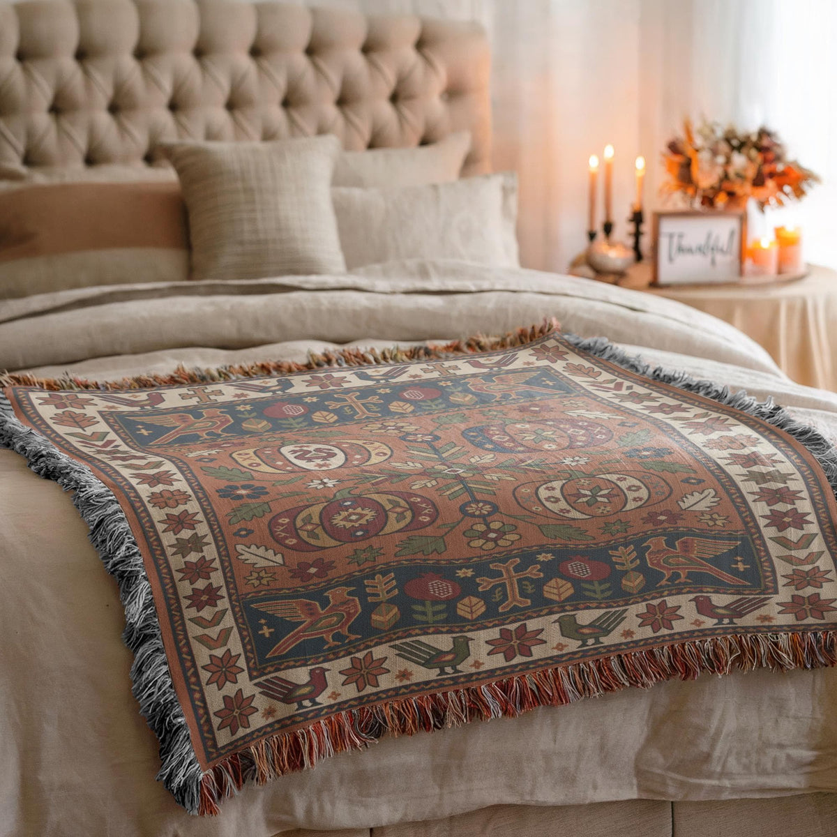 Armenian Pomegranate Throw Blanket, Rust & Navy Ghapama Woven Cotton - timelessbohochic.com