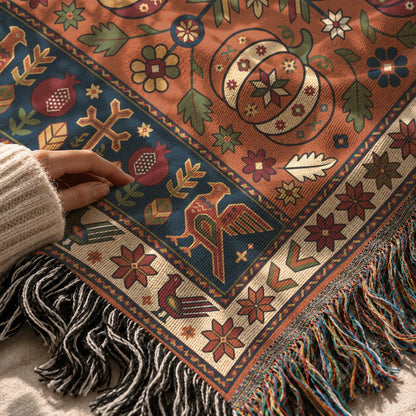 Armenian Pomegranate Throw Blanket, Rust & Navy Ghapama Woven Cotton - timelessbohochic.com