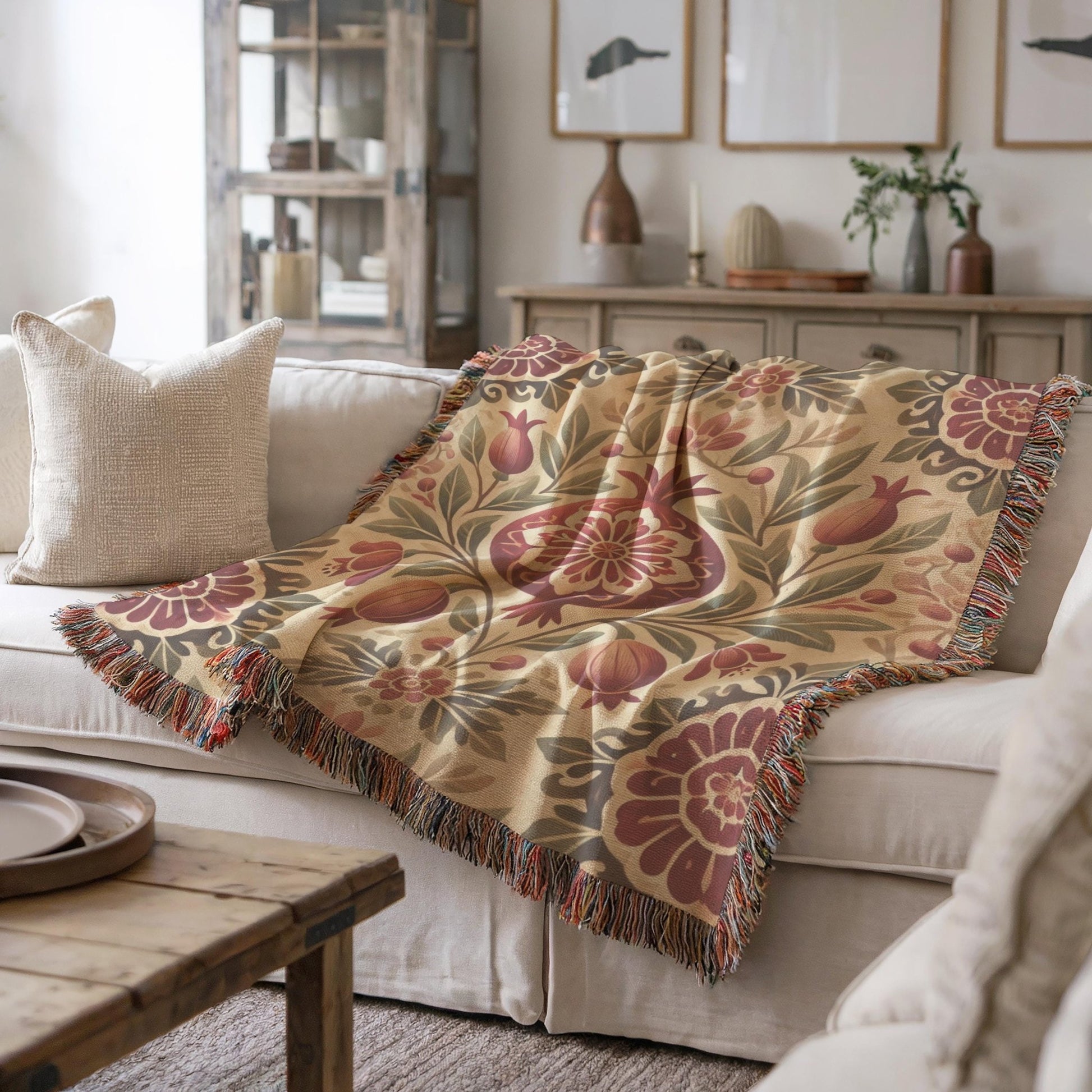 Armenian Pomegranate Woven Cotton Blanket – Armenian Christmas Gift - timelessbohochic.com