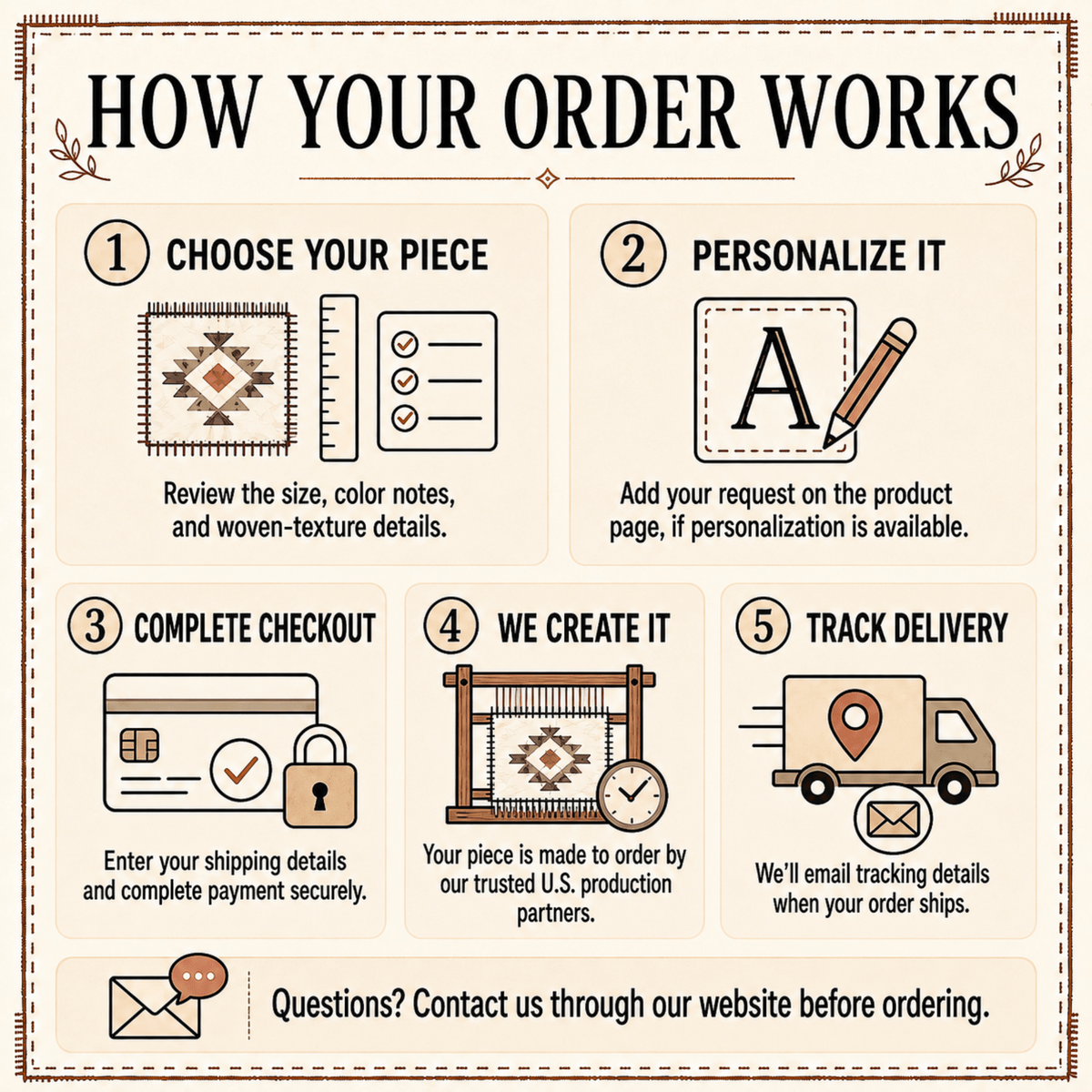How your order works: choose your piece, personalize it, check out securely, made to order by US partners, tracking emailed