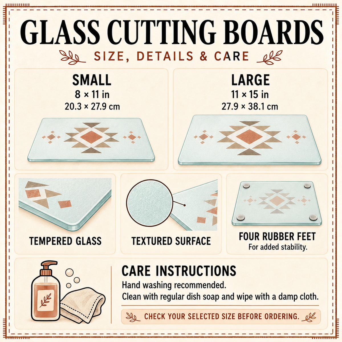 Size and care card: 8 x 11 in and 11 x 15 in, tempered glass, textured surface, four rubber feet